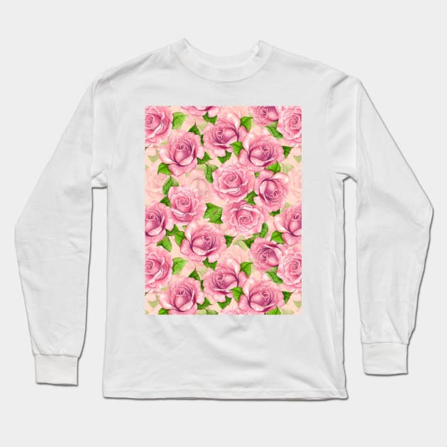 Pink watercolor roses pattern Long Sleeve T-Shirt by katerinamk